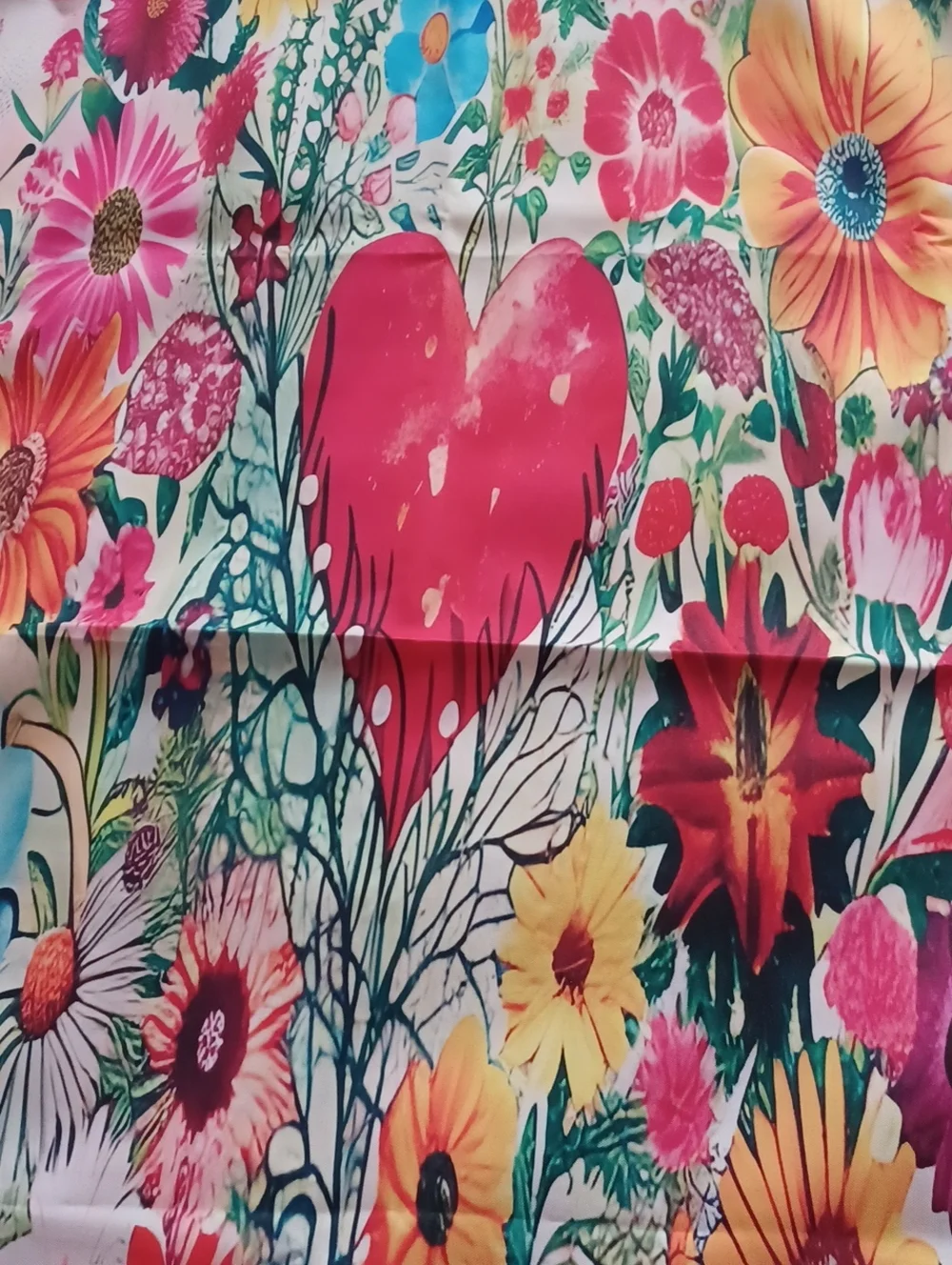 Boho Vibrant Floral Heart Curtain Panel in Pink, Blue, Yellow